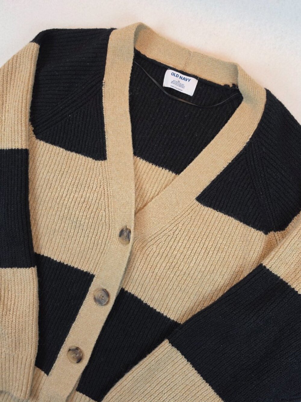 Old Navy Black Tan Striped V-Neck Chunky Knit Shaker Stitch Cardigan Sweater XL